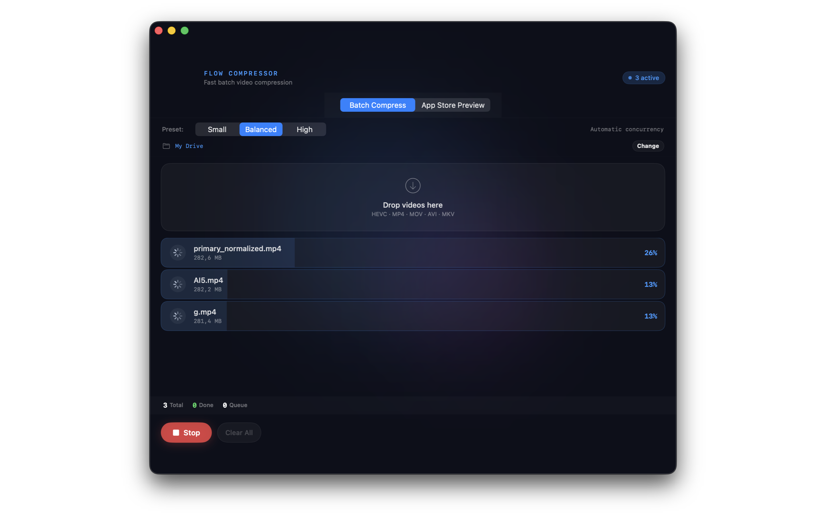 Compression in progress — parallel processing with live progress